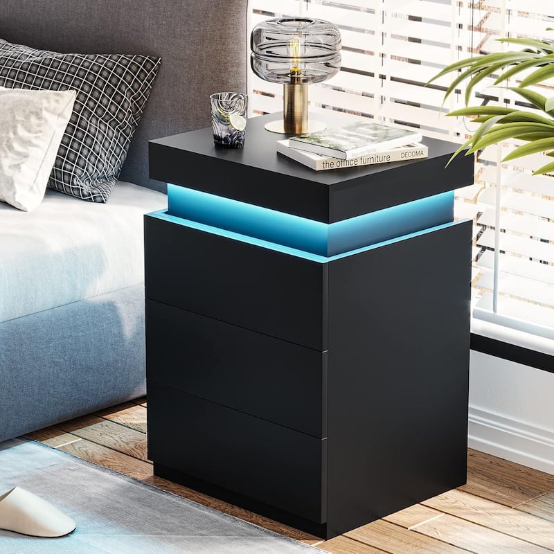 Bedroom Nightstand Charging Station LED Lights Sliding Top 3 Drawers