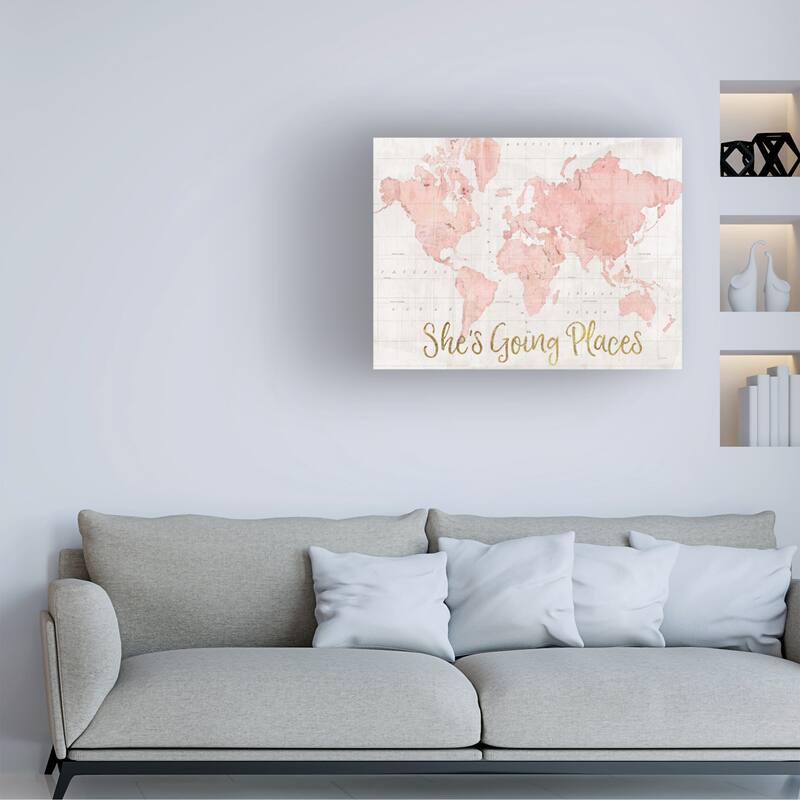 Sue Schlabach 'Across the World Shes Going Places Pink Crop' Canvas Art