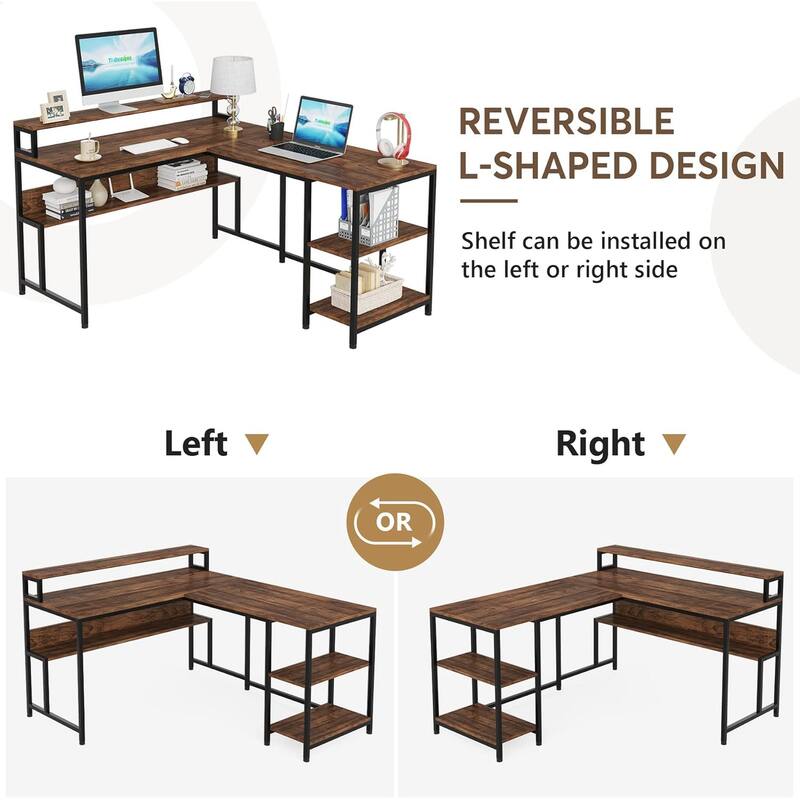 L-Shaped Reversible Office Desk with Monitor Stand and Spacious Storage Shelves