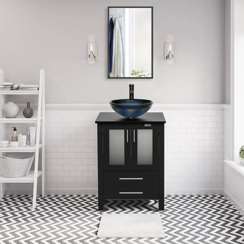 eclife 24" Classical Bathroom Vanity Set with Tempered Glass Vessel Sink Oil Rubbed Bronze Faucet and Drain