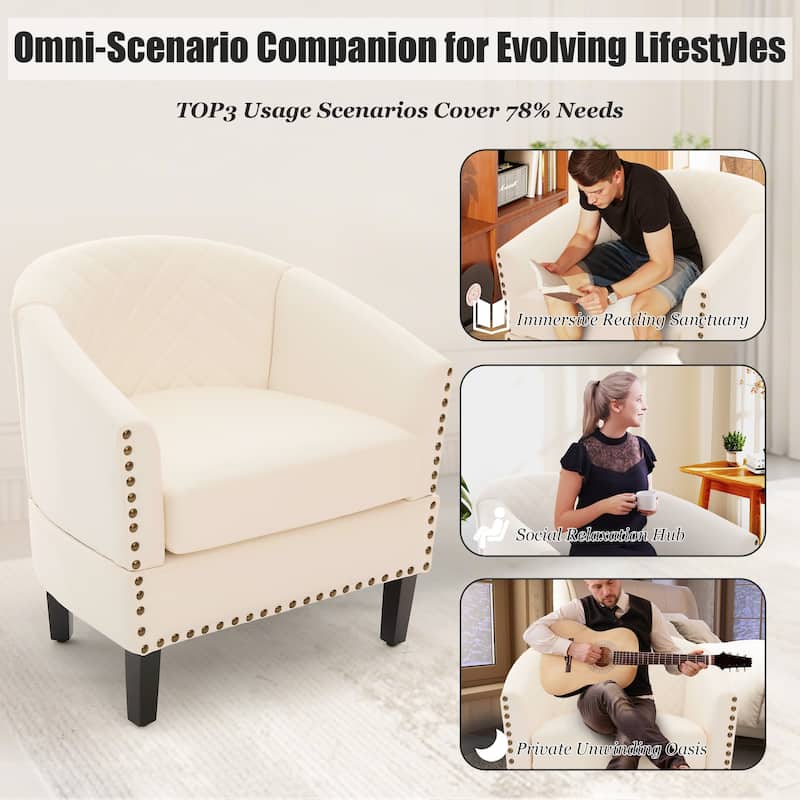 HOMEFUN Leather Upholstered Nailhead Wooden Frame Barrel Club Chair with Solid Woood Legs