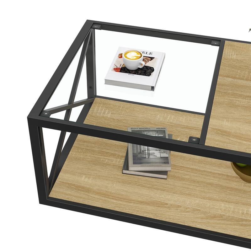 Modern coffee table, Tempered Glass&Natural Wood MDF Top,Industrial Style coffee table