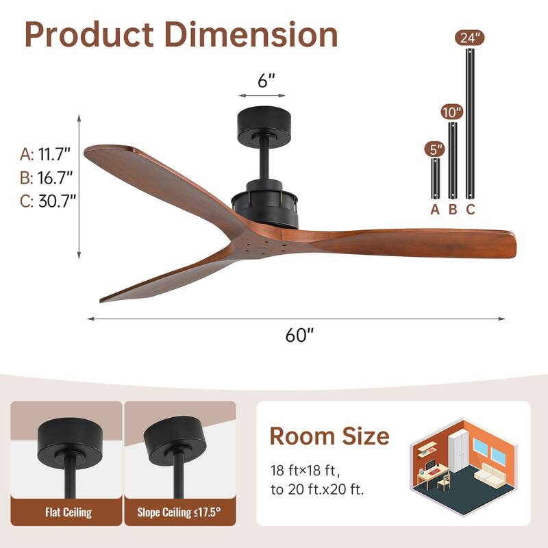 Sofucor 60Inch Ceiling Fan Solid Wood Blades with Light Remote Control,Indoor/Outdoor with Reversible DC Motor for Bedroom Patio