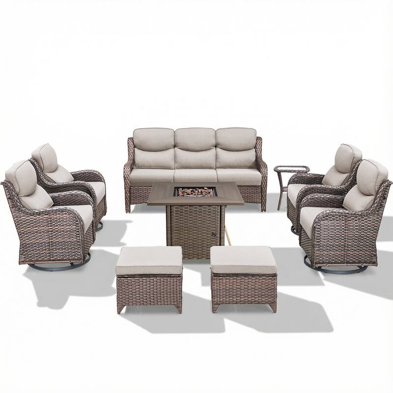 Pocassy Outdoor Propane Fire Pit Table with Sofa Swivel Chair Funiture Set.