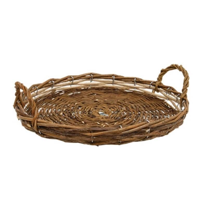 Brown Willow Round Woven Tray Basket with Handles Rustic Home Decor 12x12 in - 12 x 12 x 3.75 in. - Brown