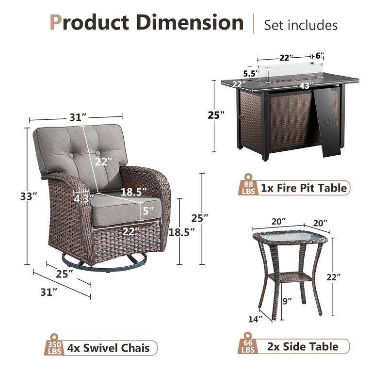 Pocassy Outdoor 43 In Fire Table with Swivel Chair Set
