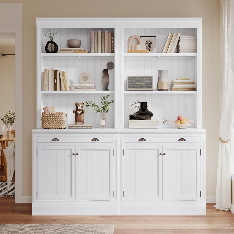 Tall Bookshelf Suite,Modern Bookcase Suite 2-Piece Set Storage Bookcase 2 Drawer and Open Shelves,for Home Office,White - White