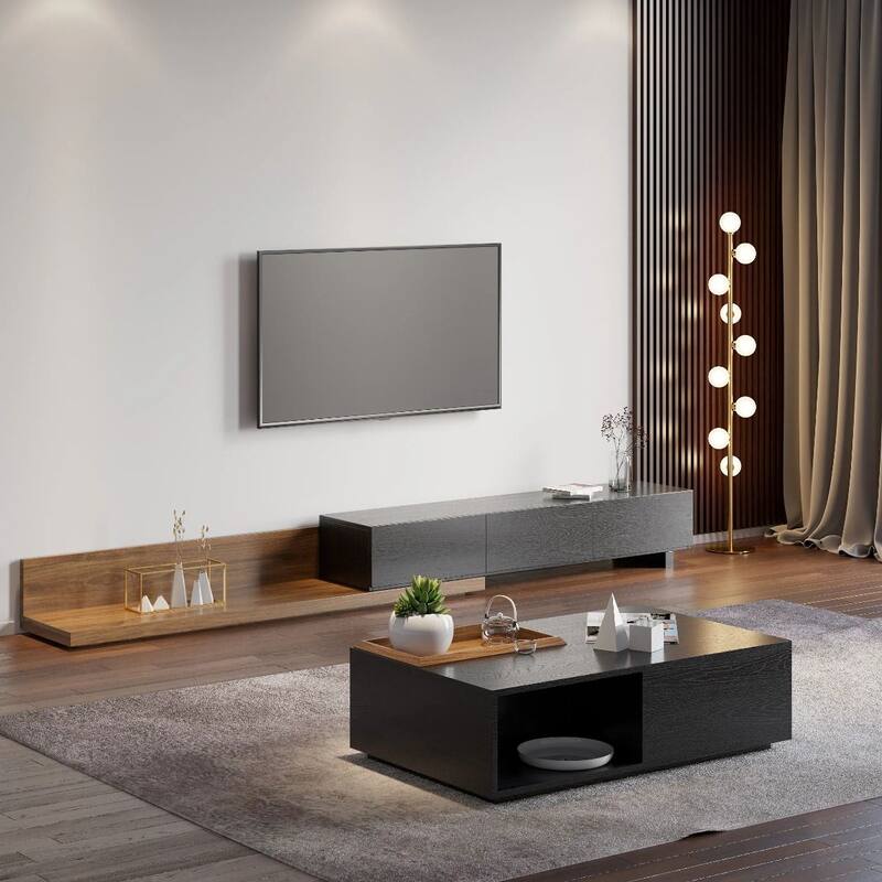 Modern Extendable TV Stand, Solid Wood Media Console for Up to 100 Inch TV with 3 Drawers, Fully-Assembled, Walnut Veneer