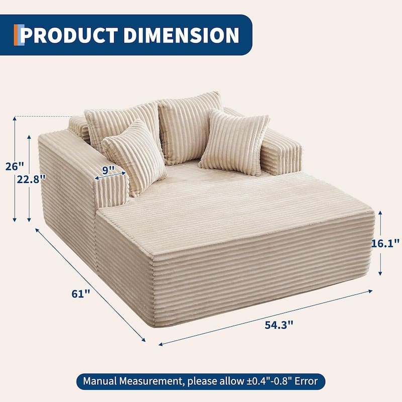 Oversized 2‑Person Chaise Lounge Chair, Sofa Bed with 4 Pillows