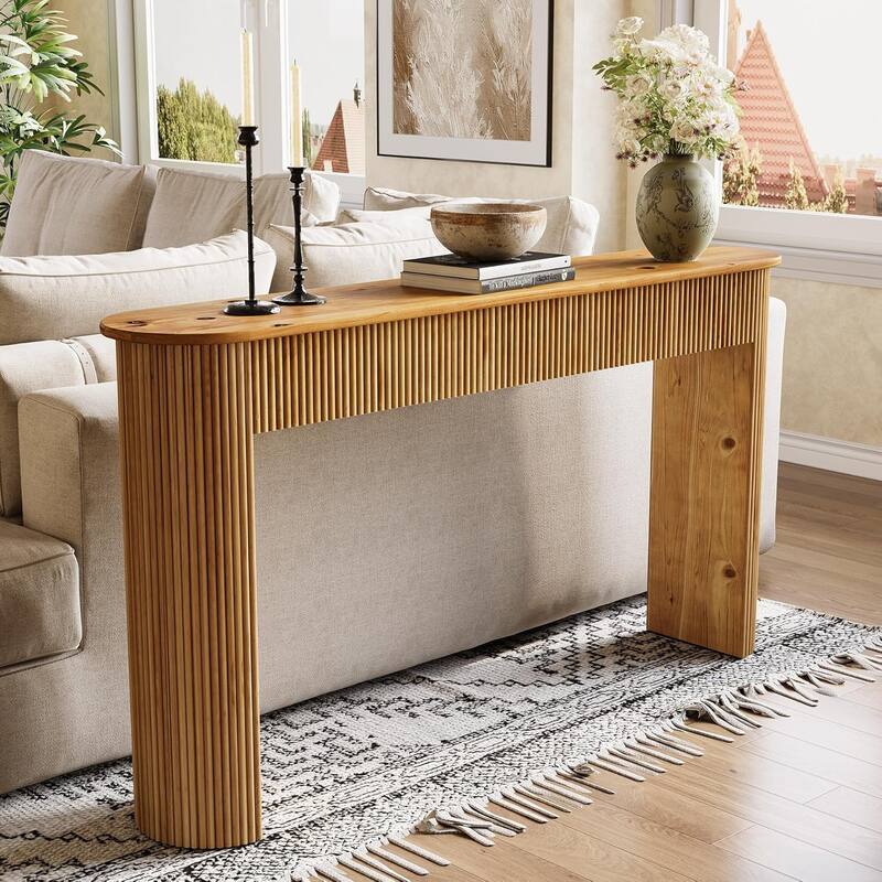 Solid Wood Console Table, 63" Long Retro Entryway Table with Vertical Fluted Stripes
