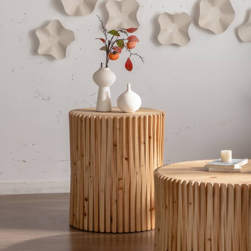 Cylindrical Coffee Table with Vertical Texture Relief Design