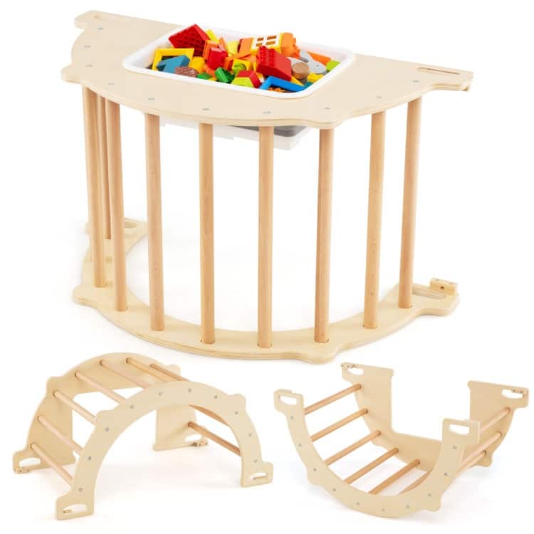 Natural Beech Wood Montessori Climbing Gym 8-in-1 with Storage Bin and Rocker - 31.5" × 18.5" × 16"