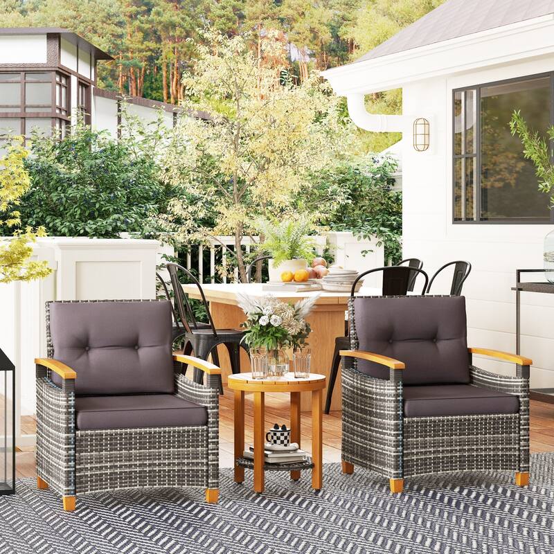 3 Pieces Patio Bistro Set Wooden with Cushions, PE Wicker Patio Furniture Outdoor for Porch, Backyard, Garden