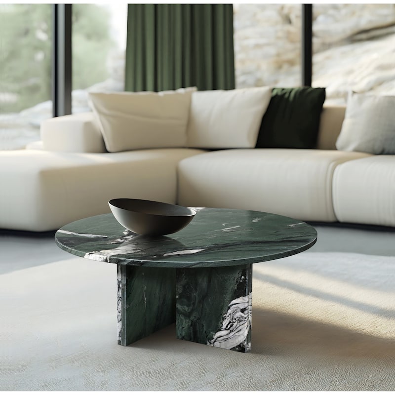 Roomfitters Round Natural Marble Coffee Table, Genuine Stone Living Room Table, Real Marble - Green