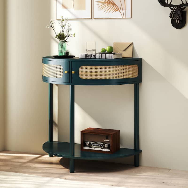Boho Rattan Semi Circle End Table with Sliding Rattan Door,Elegant Entryway Console with Storage and Bottom Shelf