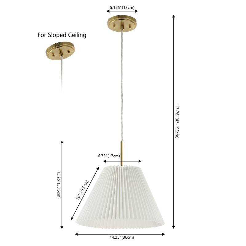 Boden 14.25" 1-Light Classic French Country Iron LED Pendant with Pleated Shade, Brass Gold/White, by JONATHAN Y