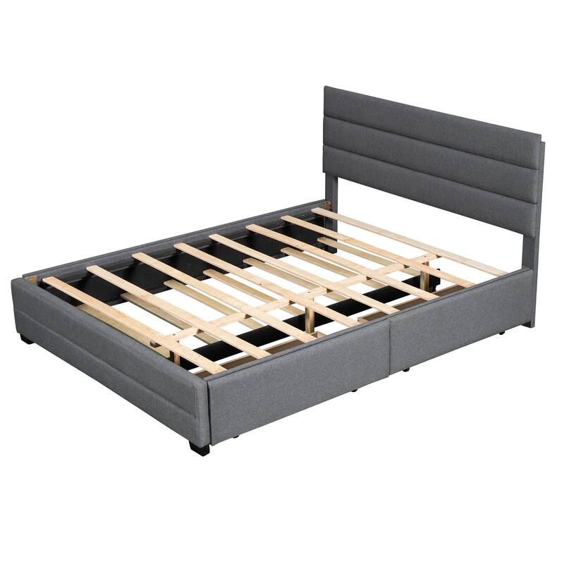 Upholstered Queen Size Platform Bed with 2 Storage Drawers and Twin Trundle Bed, Wood Queen Bed Frame with Linen Fabric