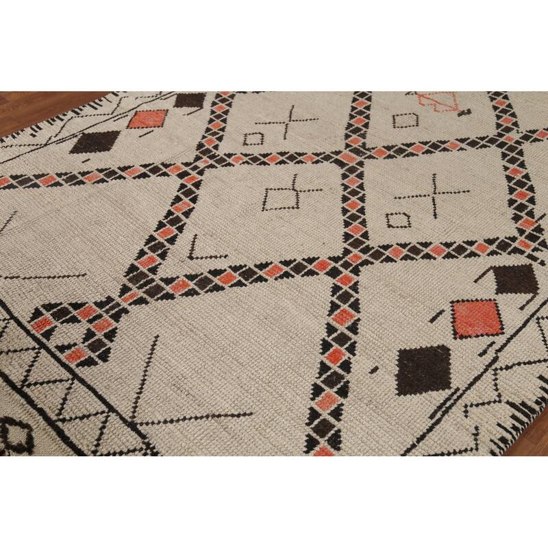 Geometric Moroccan Oriental Area Rug Hand-Knotted Beige Wool Carpet - 6'0"x 9'8"