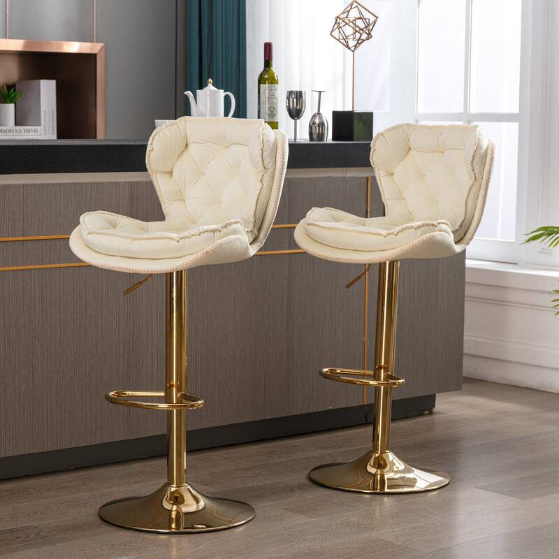 2 Velvet Bar Stools with Chrome Footrest and Base Swivel Height Adjustable - N/A