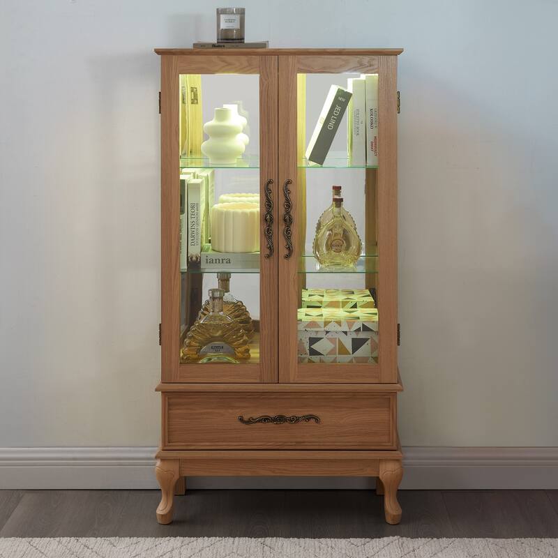 Elegant Glass Curio Display Cabinet with 1 Drawer