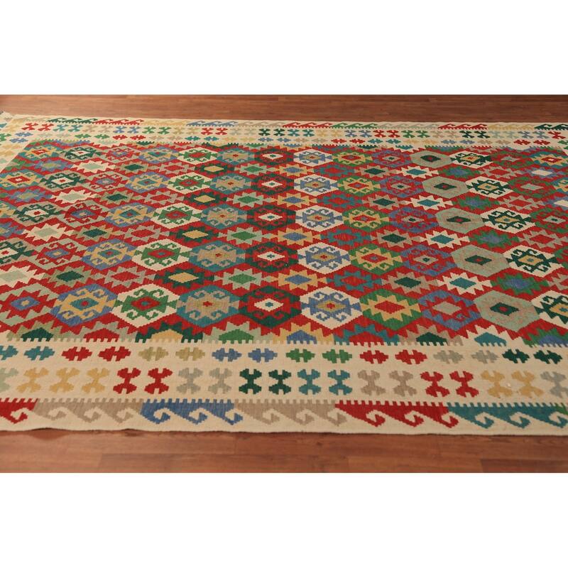 Geometric Kilim Reversible Area Rug Oriental Flatweave Wool Carpet - 8'5"x 11'5"