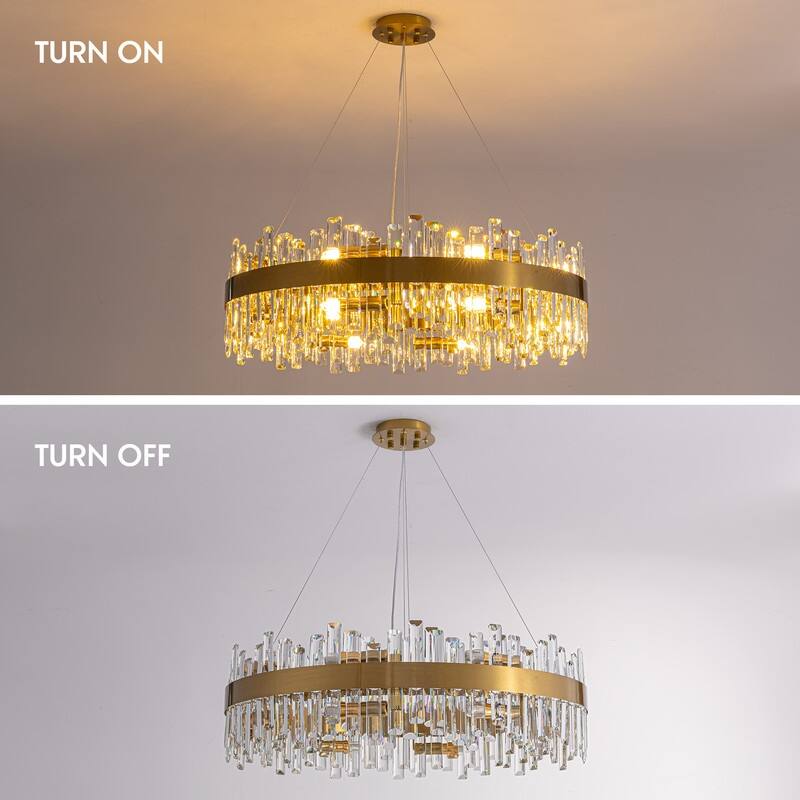 32 in. 2-Tier Modern Crystal Chandelier Brass Gold Round Crystal Raindrop Chandelier Contemporary Pendant Light for Dining Room