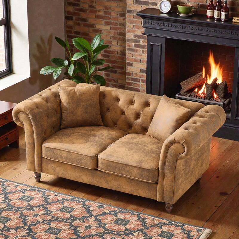 66" Chesterfield Tech Fabric Sofa, Rolled Arm 2-Seater Upholstered Couch for Living Room, Office & Apartments