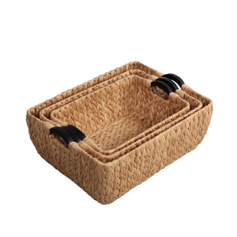 Astor Handwoven Water Hyacinth Nesting Storage Baskets, Wood Handles (Set of 3)