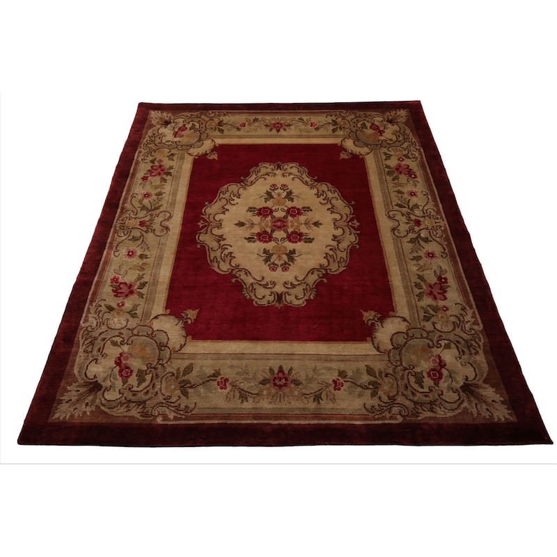7'8''x9'5'' Hand Knotted Wool Crimson French Aubusson Savonnerie Rug - 7' 8'' x 9' 5''