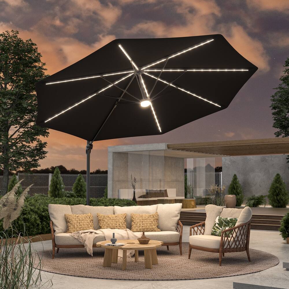 BONOSUKI 11FT LED Cantilever Patio Umbrella Angle Adjustment w/Cross Base