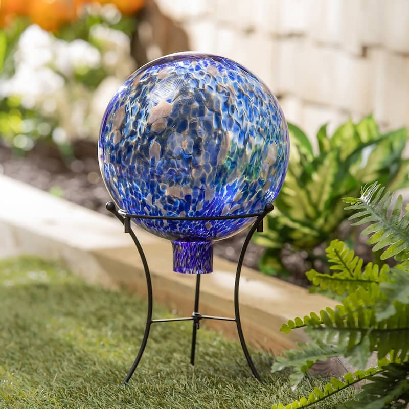 10" Art Glass Aqua Confetti Gazing Ball with Stand