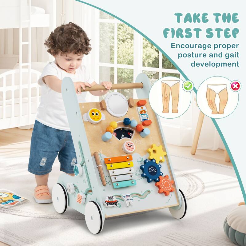 Green MDF Space-Themed Baby Walker with 8-in-1 Activity - 14" L x 13" W x 18.5" H