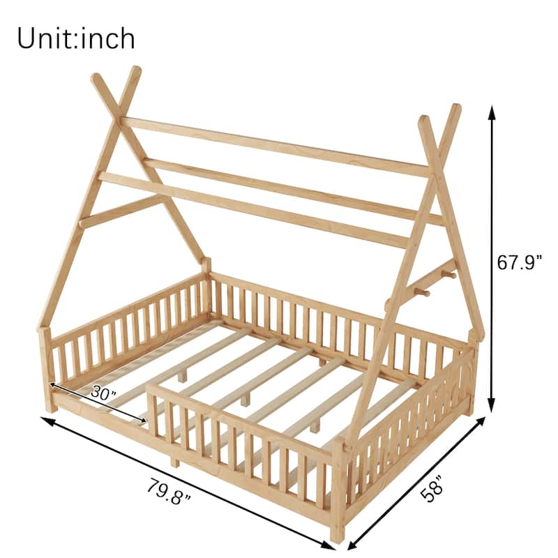 GDF Studio - Brighton Full Size Wooden House Bed with Roof and LED Light