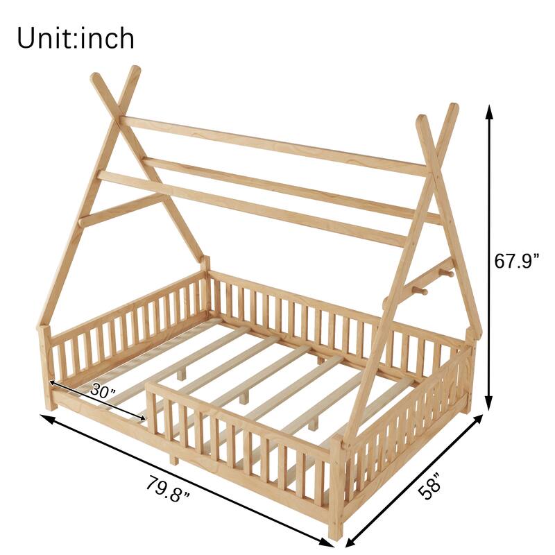 Wood Low Floor House Bed with Fence and LED Light Roof, Creativity Bed Tent Design for Kids Boys Girls No Box Spring Needed