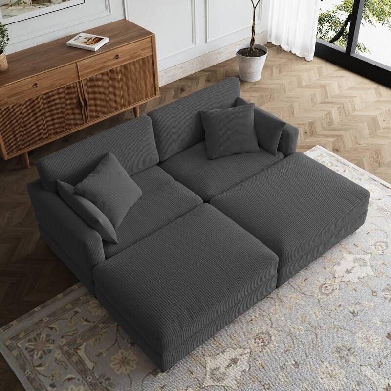 Modern Corduroy Modular Couch Sectional Sofa With Pillows - Grey - Symmetrical