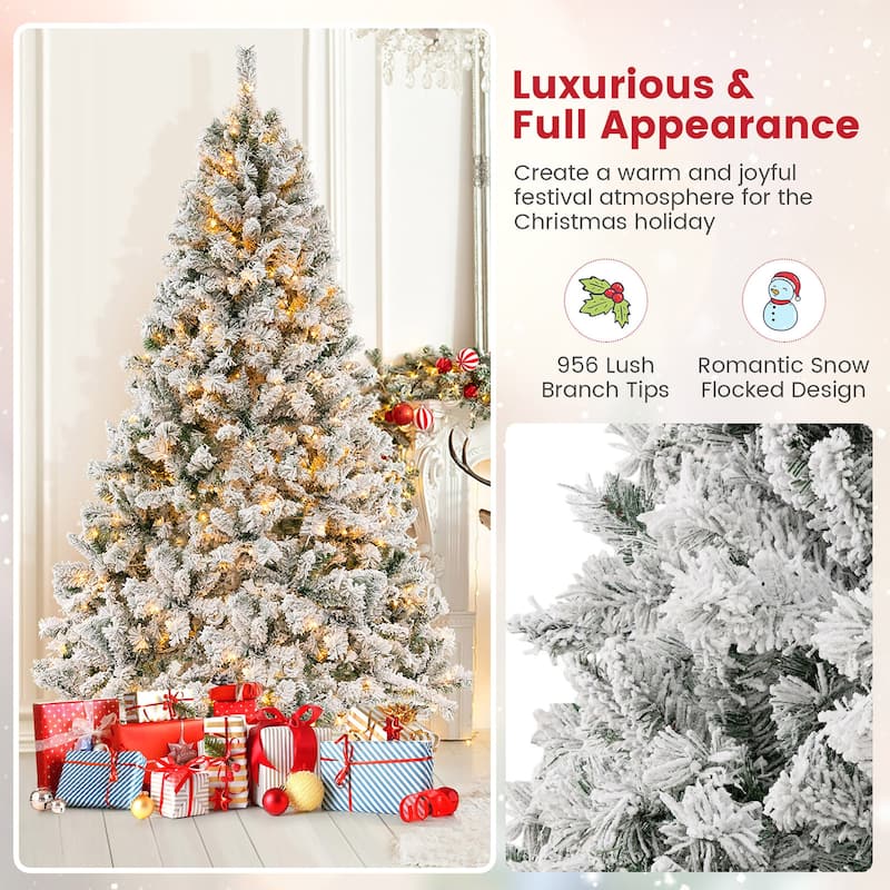 Gymax 6/7/8 FT Pre-Lit Snow-Flocked Xmas Tree 3-Minute-Setup