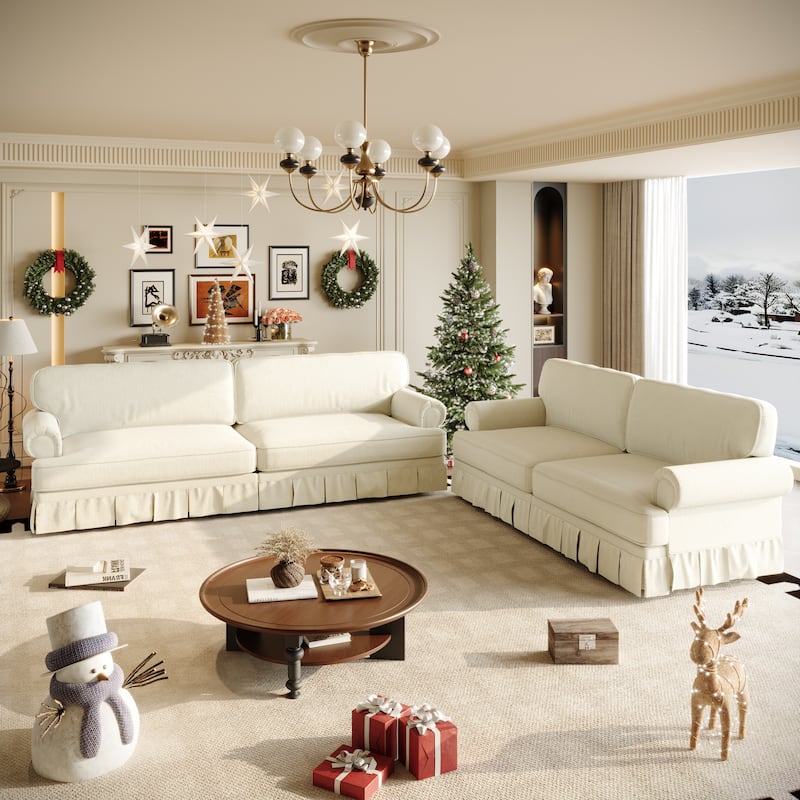 Chenille Upholstered 3-Seater Sofa, Comfy Deep Seat Cloud Couch, Lounge Sofa with Rolled Armrests & Pleated Skirt