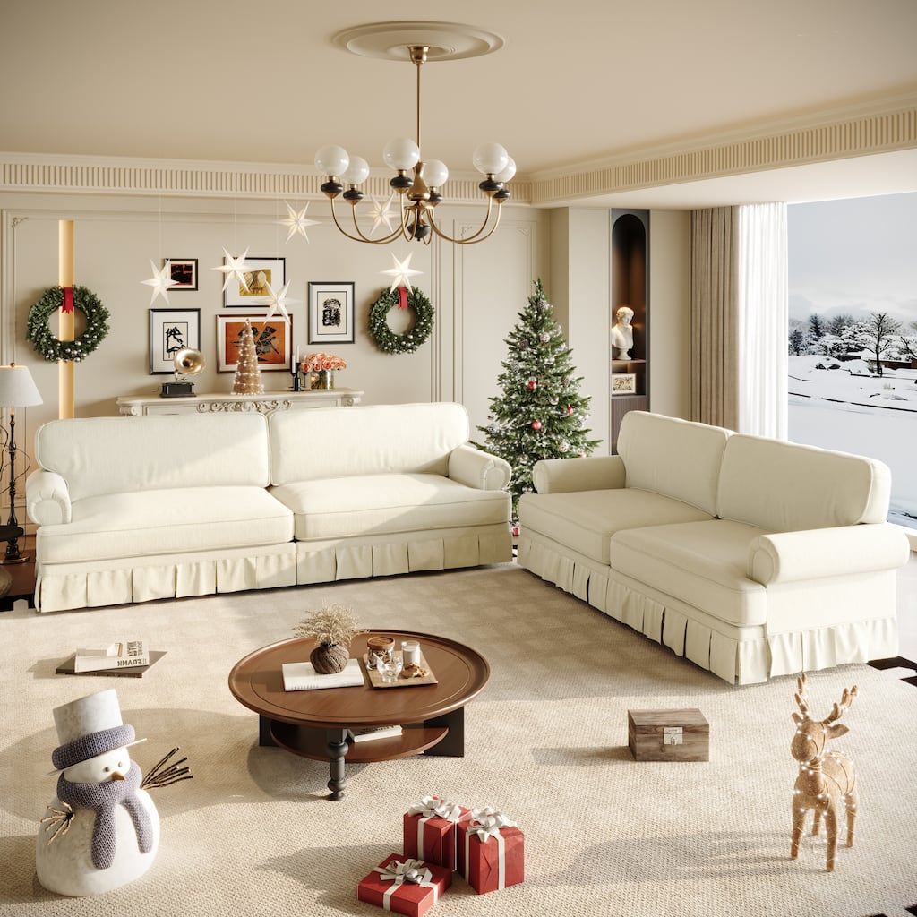 GDFStudio - Chenille Deep Seat 3&4-Seater Sofa Set with Skirt Design (Set of 2)