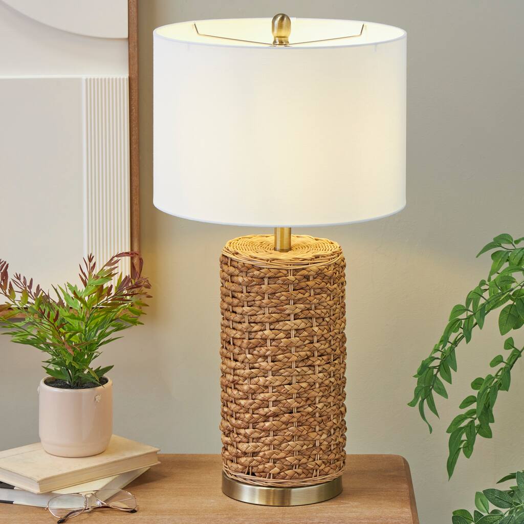 Brown Rattan Handmade Braided Room Table Lamp with Gold Accents