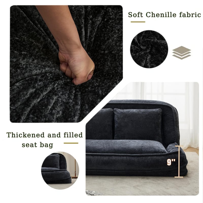 Pet Friendly Lazy Loveseat Sofa 2-in-1 Chenille Floor Couch Double Human Sleeper Bed with 5 Adjustable Position, Plump Pillows