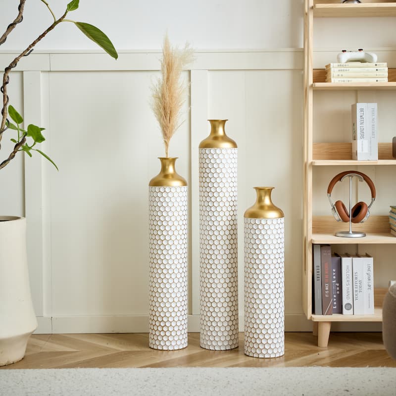 Floor metal vase decoration home droplet shaped white metal vase 3-piece set gorgeous home decoration large glazed metal vase