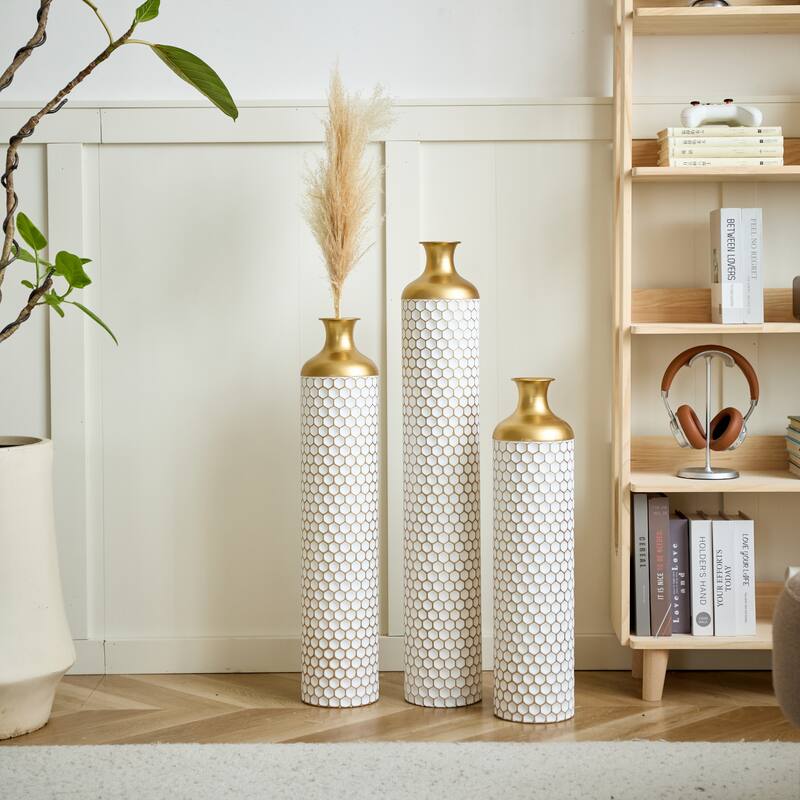 Floor metal vase modern style decoration home droplet shaped white metal vase 3-piece set gorgeous large glazed metal vase