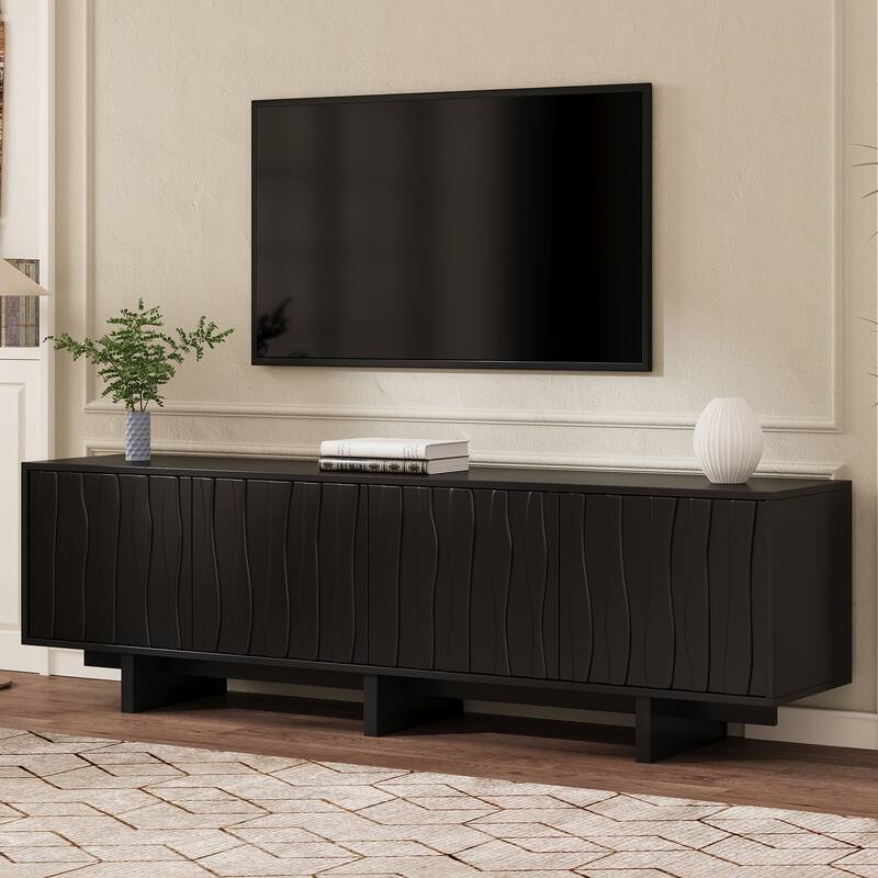 Retro Wood Grain TV Stand for TVs up to 75" - Rustic Media Console with Wavy Doors, Ample Storage & Cable Management - Black