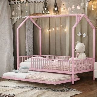 Pink Twin Size Metal House Bed with Fence, Kids Bed with Trundle