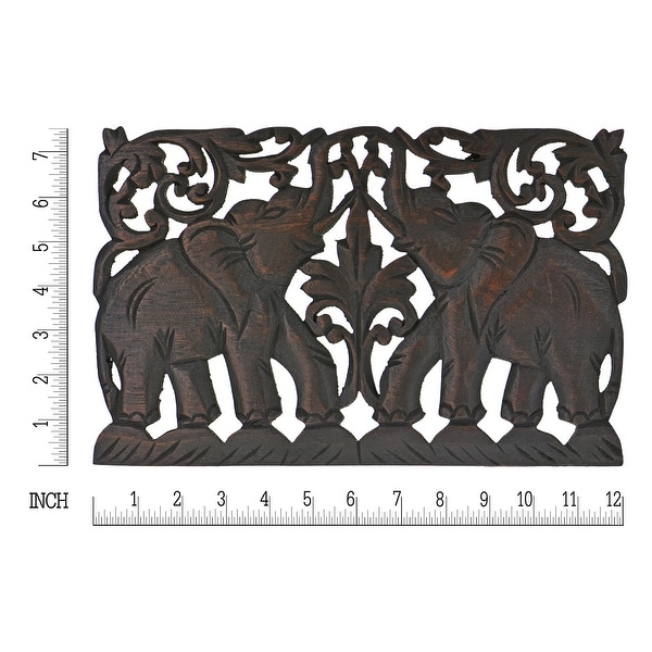 Handmade Jubilant Double Thai Elephant Calves Teak Wood Wall Art 7 x12 Inches (Thailand)