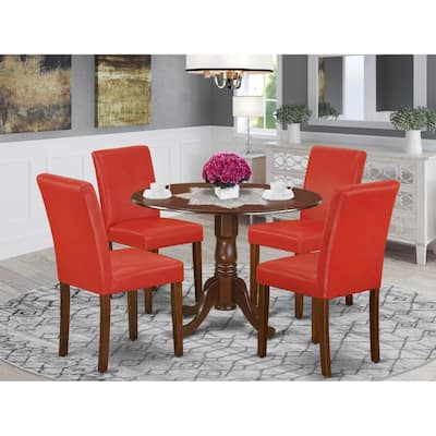 5 Piece Dinette Set for 4 - Round Table with Dropleaf & 4 Parson Chairs - 42 Inch - Mahogany Finish