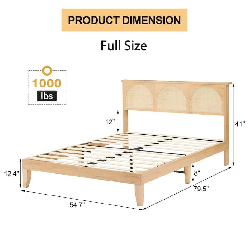Bed Frame with LED Light and Rattan Headboard - Full