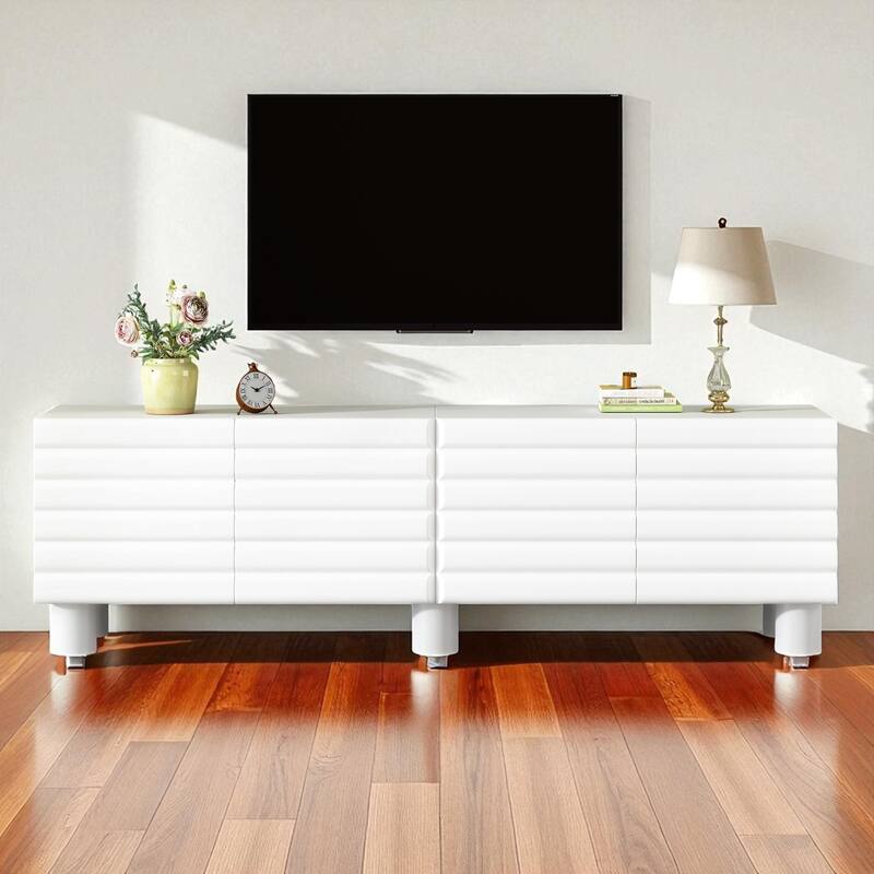 70.8 Inch Modern Cream TV Stand with Wavy Doors, 4 Cabinets, Adjustable Shelves, Cable Holes, Media Console for TVs Up to 75" - White
