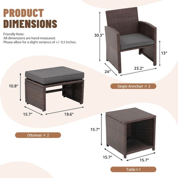 dimension image slide 2 of 3, 5-Piece Outdoor Wicker Patio Furniture Set, PE Rattan Conversation Set with 2 Armchairs, 2 Ottomans, 1 Side Table & Cushions