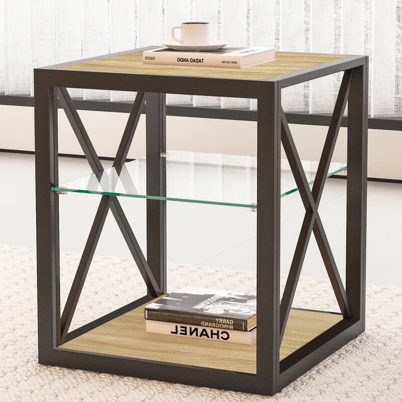 Set Of 2 Modern End Table Nightstand, Tempered Glass&Rustic Wood Grain Mdf,Industrial Style Side Table